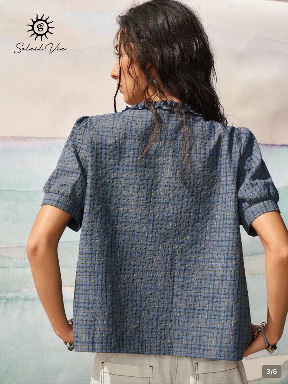 Blue Ruffle-Trim Button Front Women's Top - Picture 2 of 9